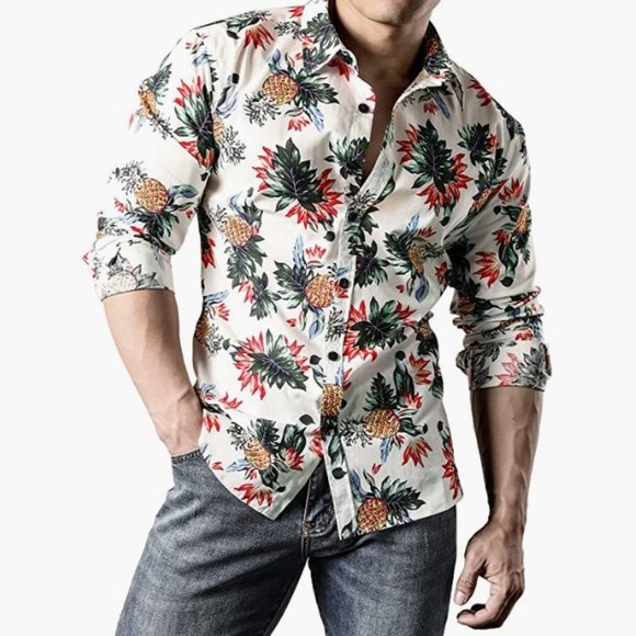 Shirts Mens Linen Floral Button Up Long Sleeve Printed Dress Shirt